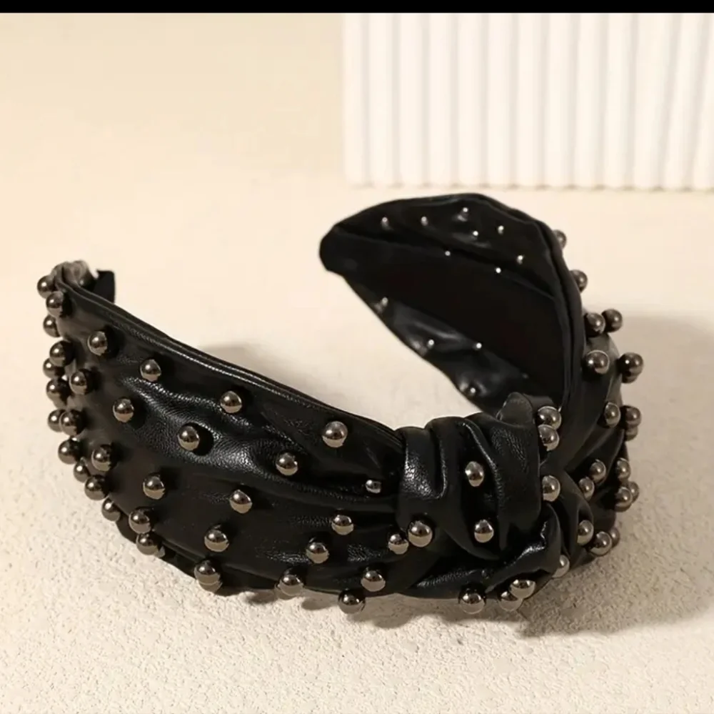 Gunmetal Faux Leather Polyurethane Beaded Top Knot Headband in Black